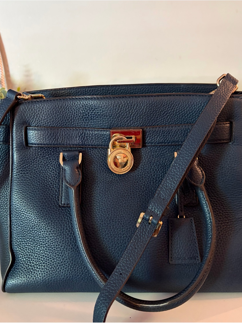 Michael Kors Pebbled Navy Leather Satchel With Gold Lock